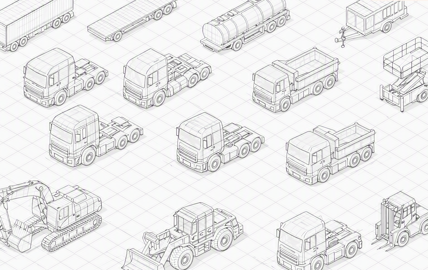 Earls Heavy Haulage purpose-built fleet — isometric technical illustration of trucks, excavators and heavy equipment