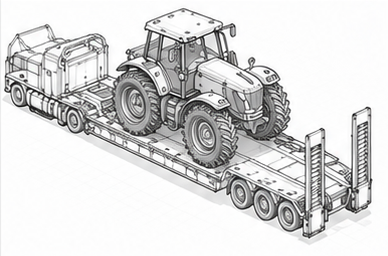 Tractor on heavy transport trailer