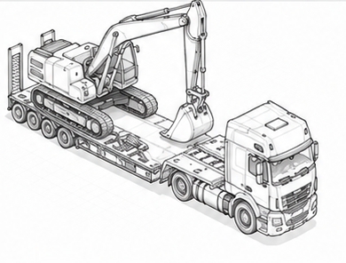 Excavator on heavy transport trailer