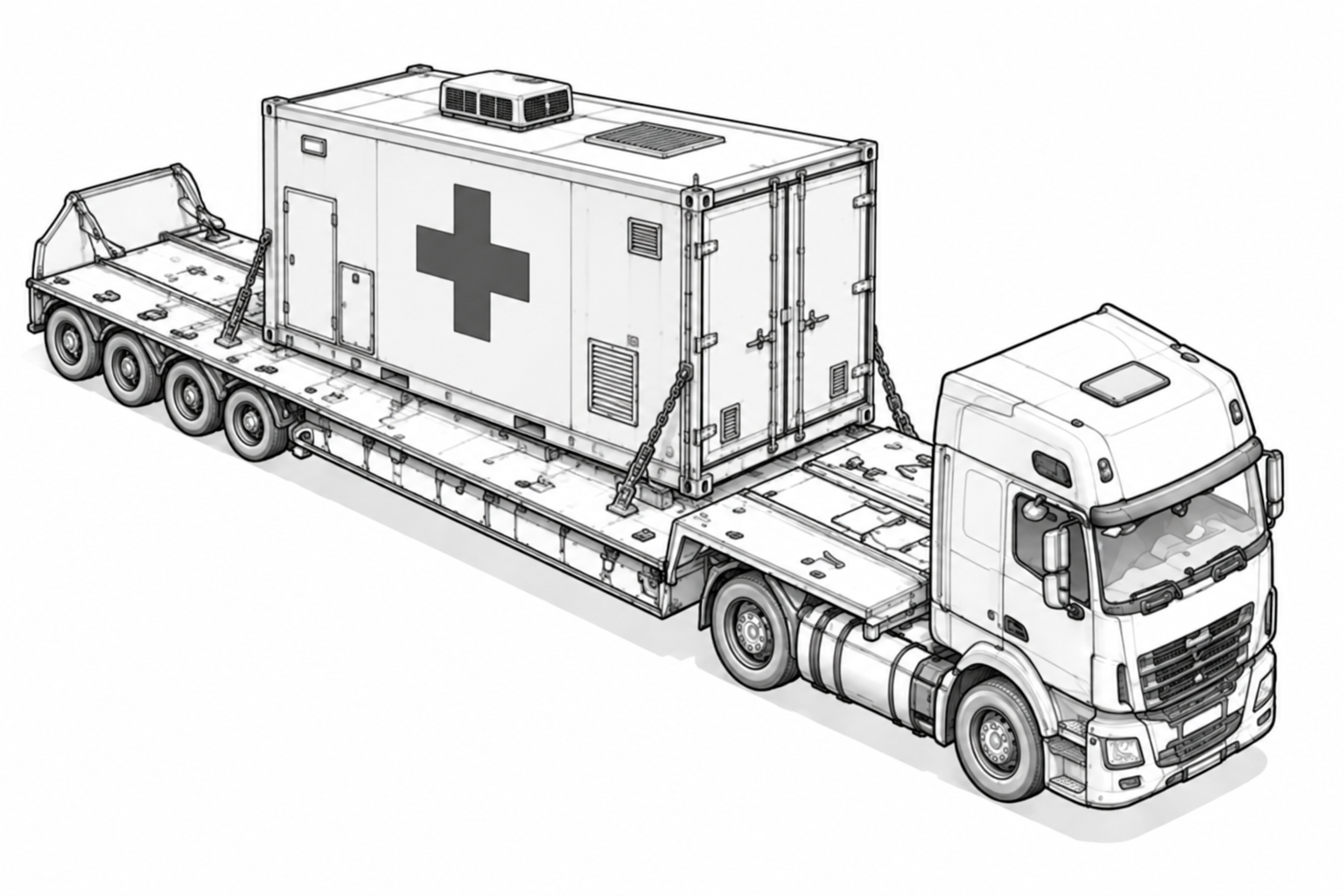 MRI scanner on heavy transport trailer