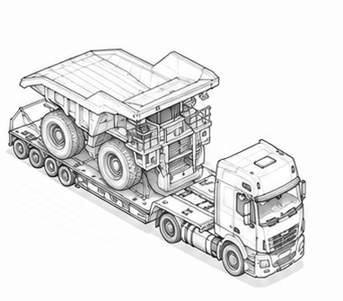 Mining dump truck on heavy transport trailer
